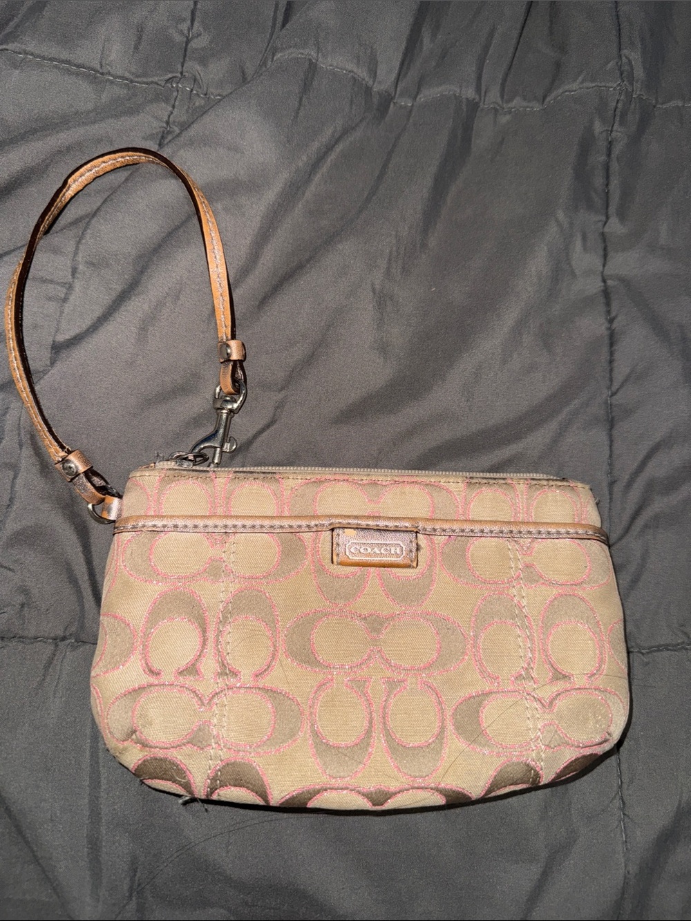 Coach Beige Signature Wristlet with Pink Accents